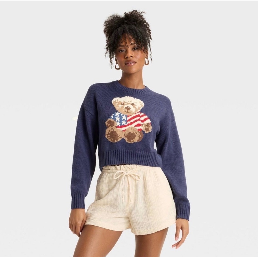 Grayson Threads Teddy Bear‎ USA Flag Cropped Sweater Navy L Preppy Americana